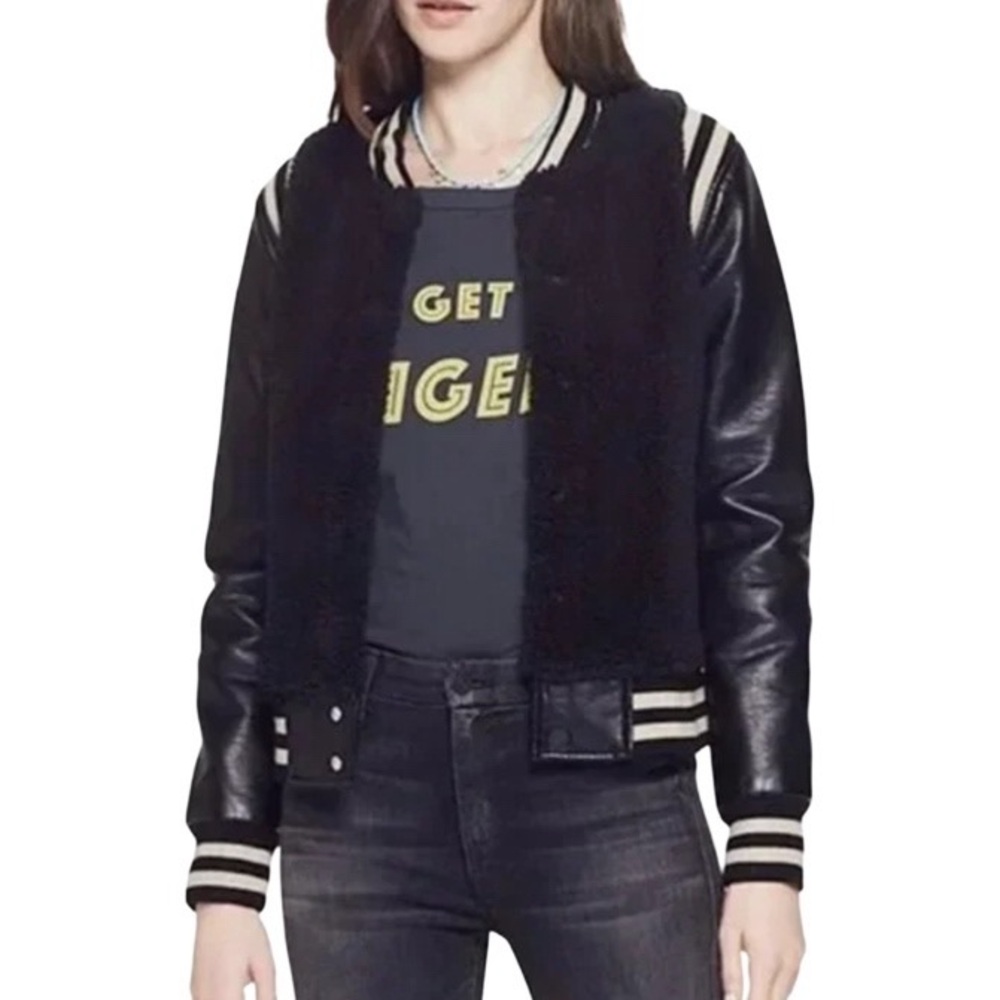 MOTHER The Snap Letterman Jacket Black Sherpa Vegan Leather Womens Size XS